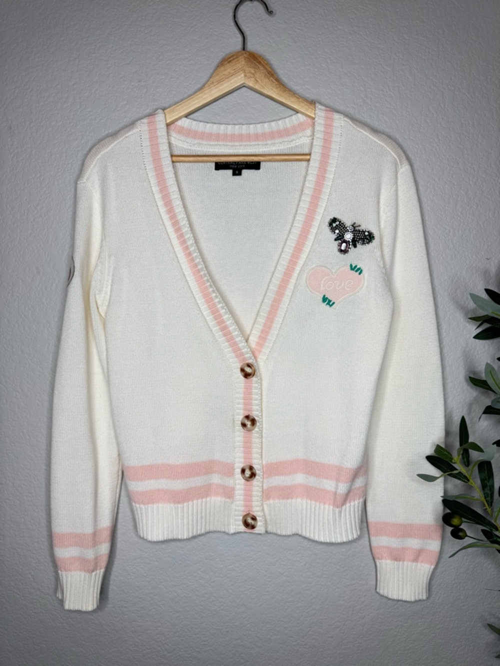 Central Park West Cream Cardigan Bee Embellished Heart Patch Pink Trim Small